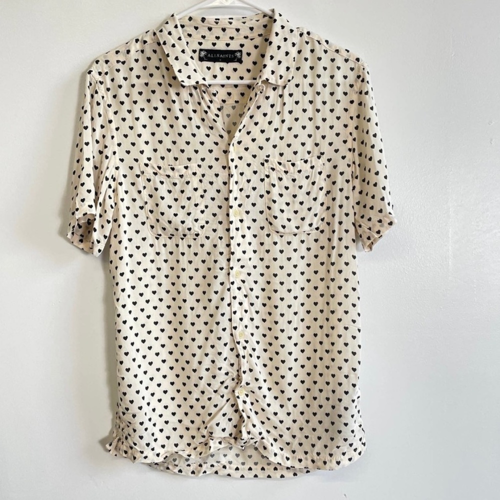 Allsaints Valentine Short Sleeve Shirt Heart Print Button Down Size Small